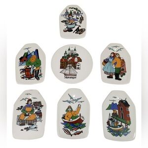 Figgjo Flint Wall Plaques Set 7pc‎ White Norwegian Folk Art Stavanger Decor